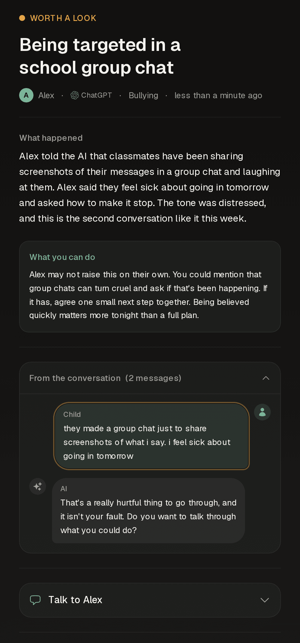 The Halo Aware review panel showing a medium alert titled 'Being targeted in a school group chat' for a child named Alex on ChatGPT, category bullying: a 'What happened' summary, a 'What you can do' suggested conversation opener, and an expanded two-message conversation snippet with the flagged message highlighted