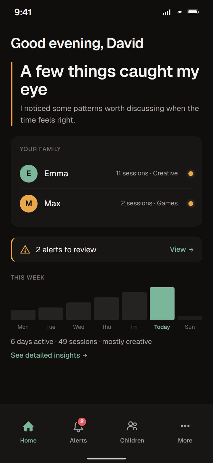 Halo Aware mobile app home screen — Smith family demo: David's evening greeting, two medium alerts to review for Emma and Max, a per-child summary strip, this week's activity sparkline showing Emma's recent surge, a pattern change notice, and a warm conversation idea about Emma's writing
